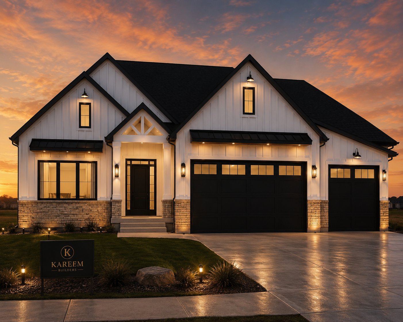Kareem Builders luxury home at sunset